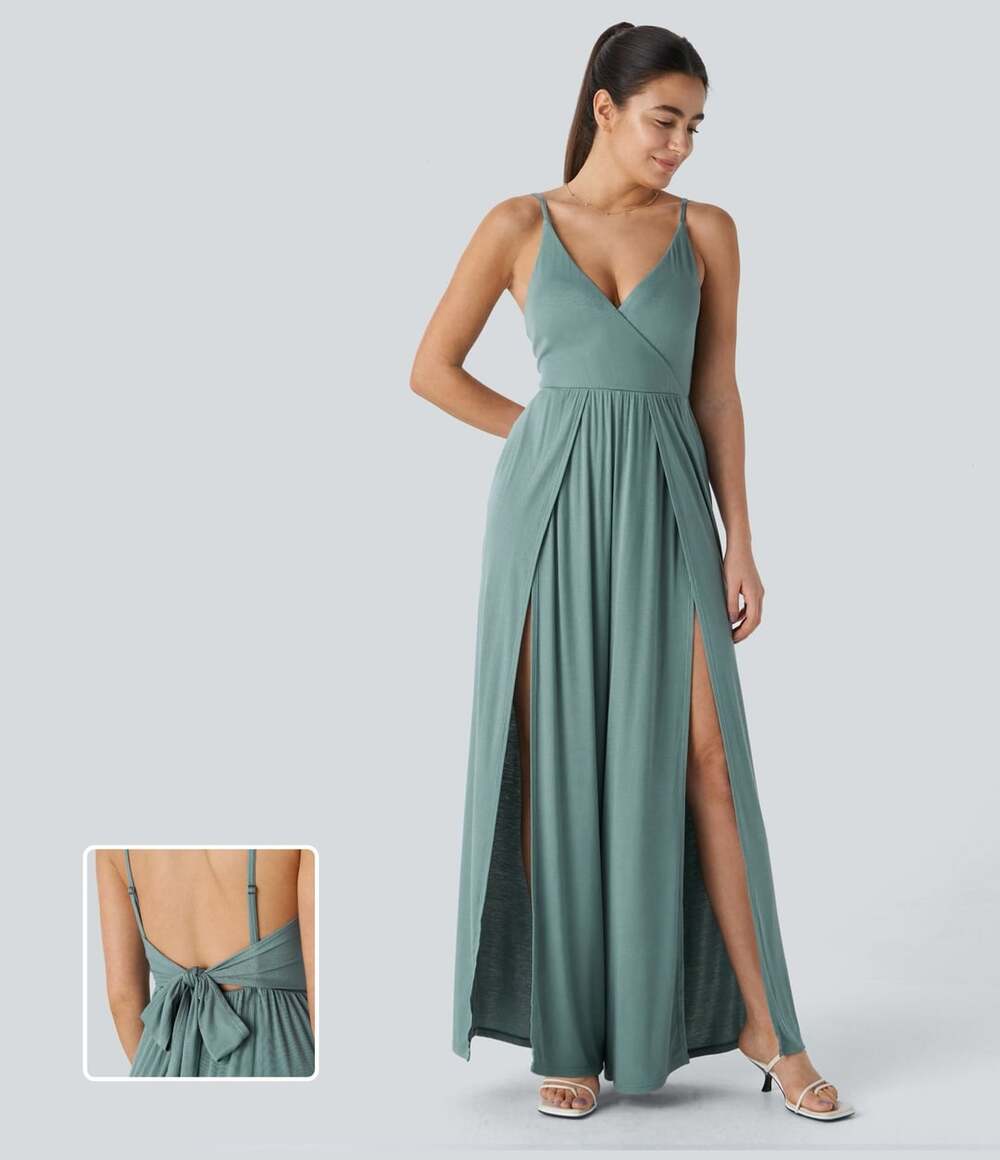 Halara Jumpsuit Size XL Clear Green Tie Back Split Leg Maxi